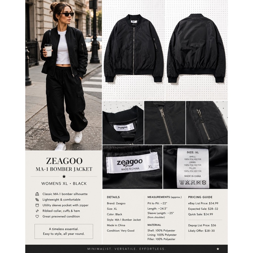 Zeagoo Womens MA-1 Bomber Jacket Black Lightweight Utility Pocket XL